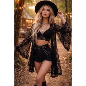 Magnolia Lane Black Floral Lace Kimono Cardigan Open Front Bell Sleeve Mesh M